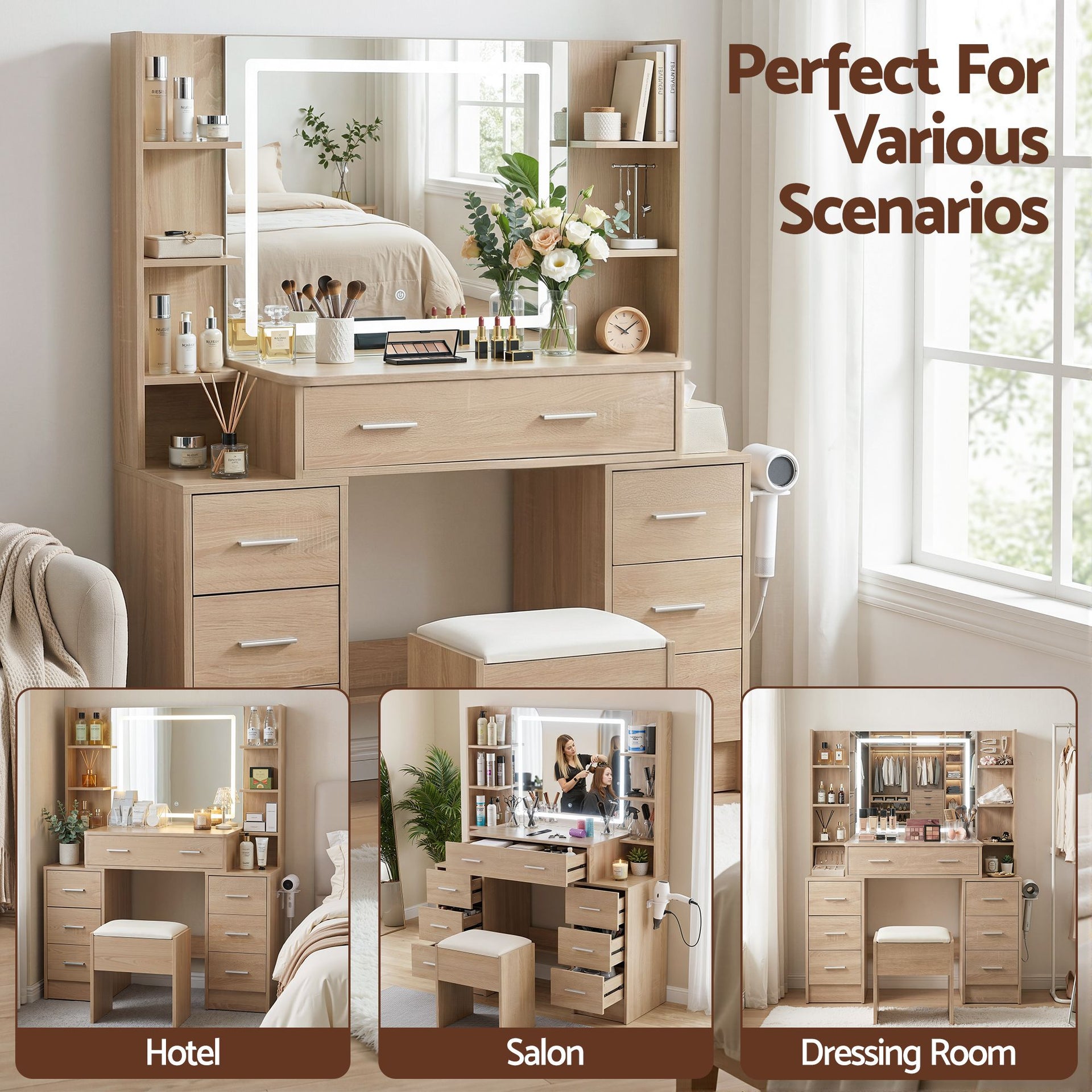 Artiss Dressing Table Vanity Desk Set Stool LED Charging Station Wood Awezingly