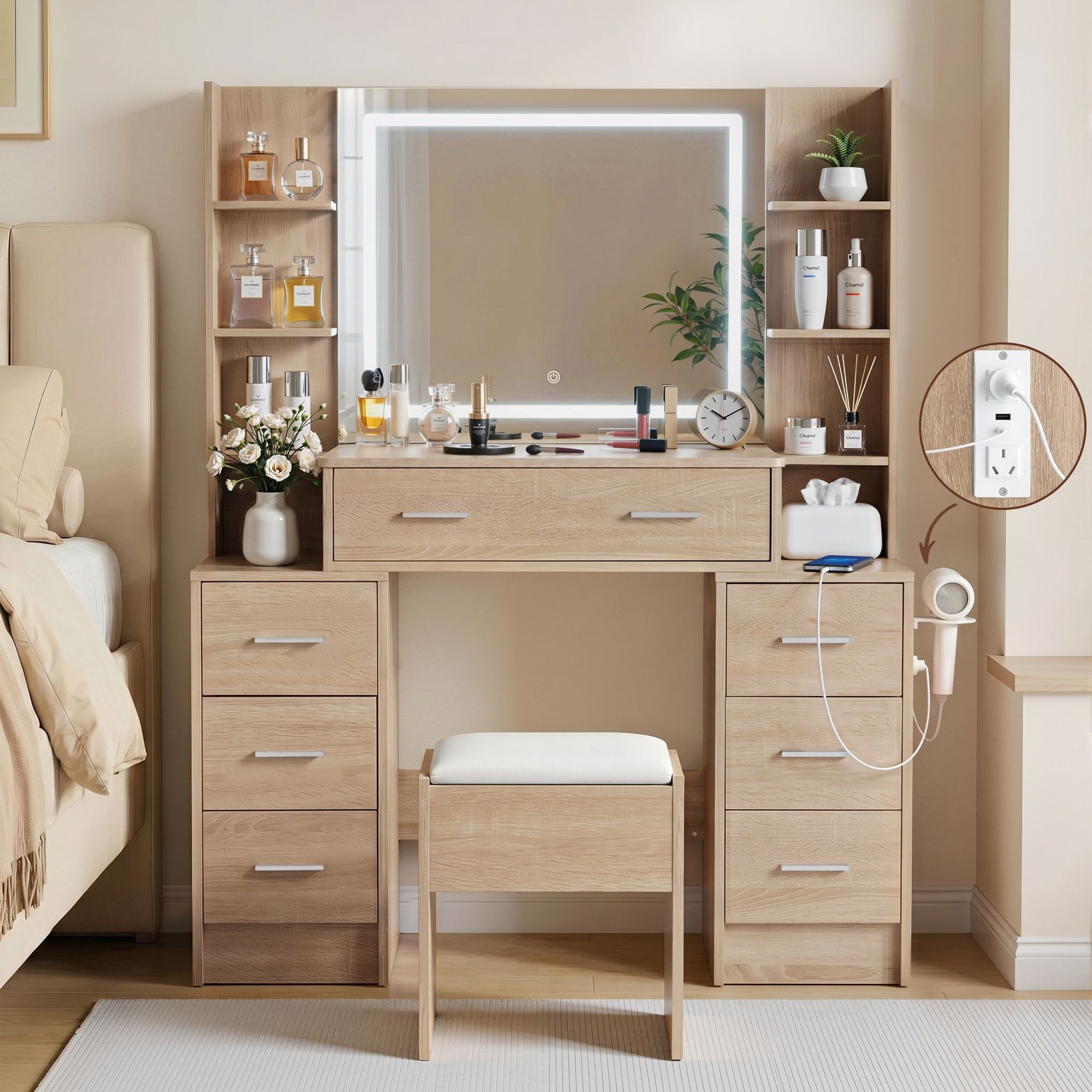 Artiss Dressing Table Vanity Desk Set Stool LED Charging Station Wood Awezingly