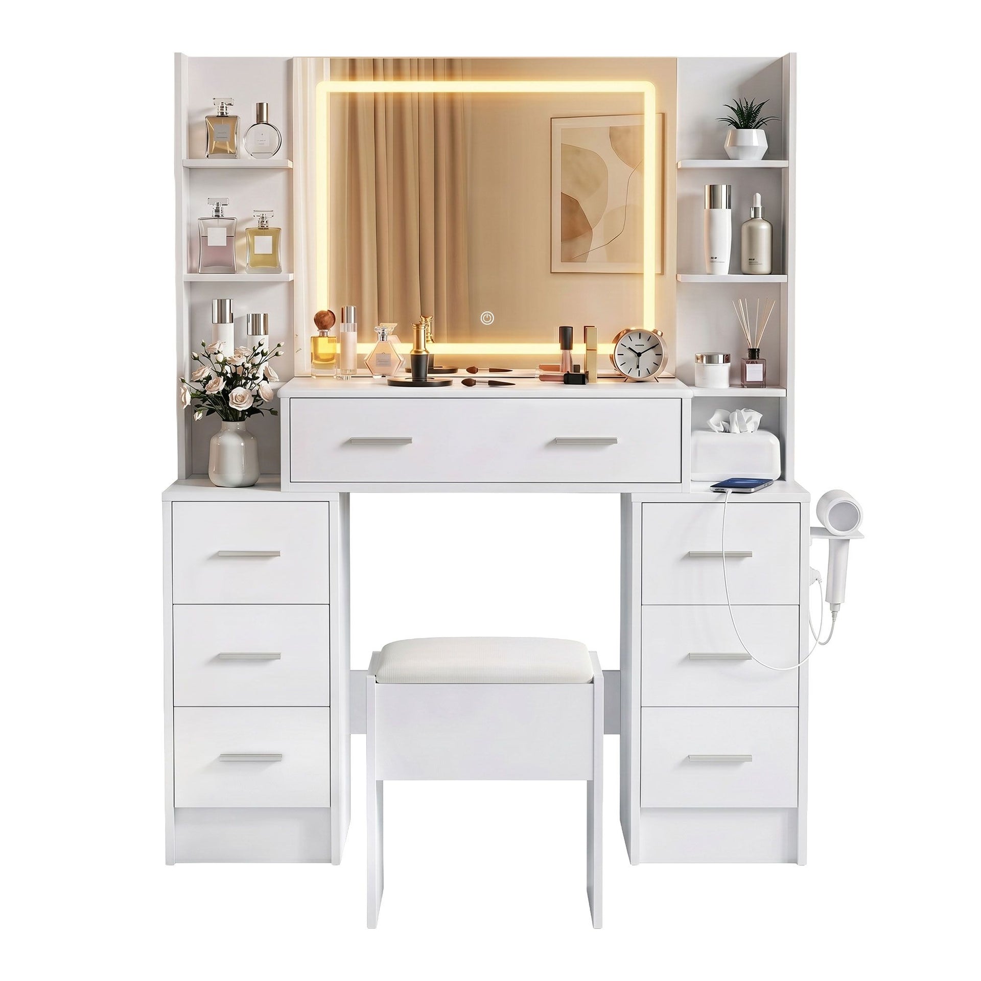 Artiss Dressing Table Vanity Desk Set Stool LED Charging Station White Awezingly