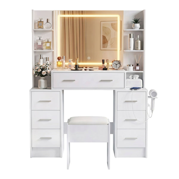 Artiss Dressing Table Vanity Desk Set Stool LED Charging Station White Awezingly