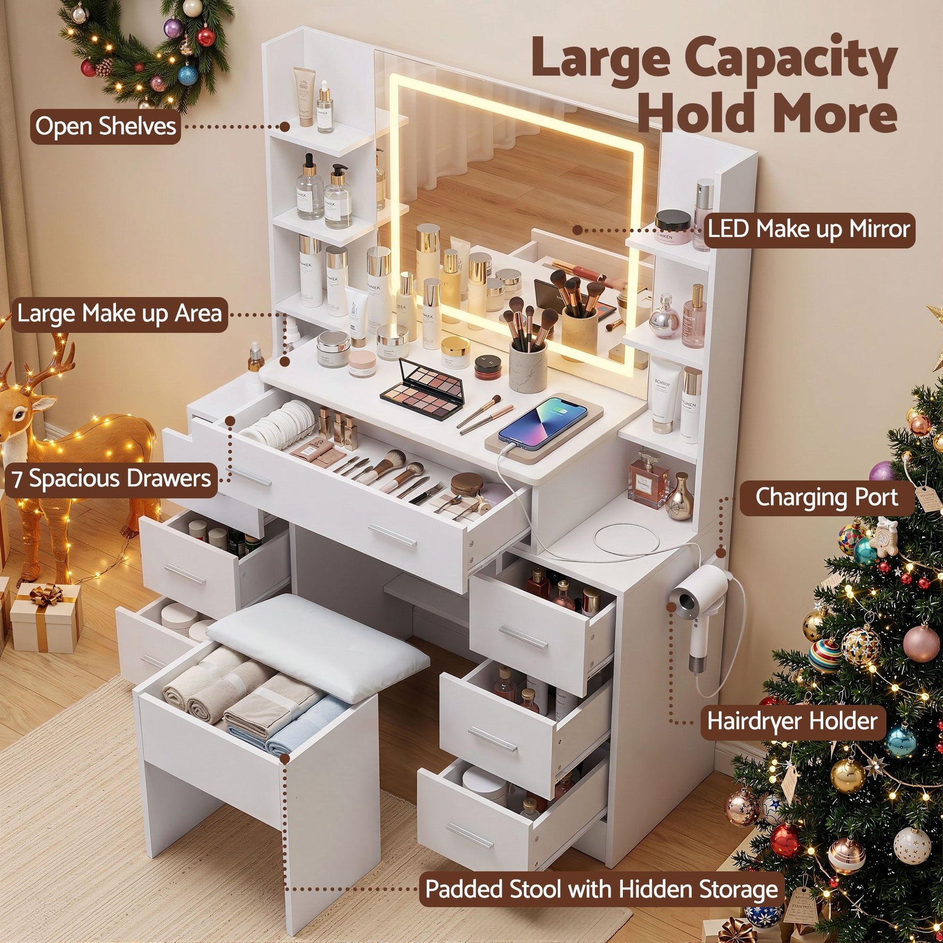 Artiss Dressing Table Vanity Desk Set Stool LED Charging Station White Awezingly