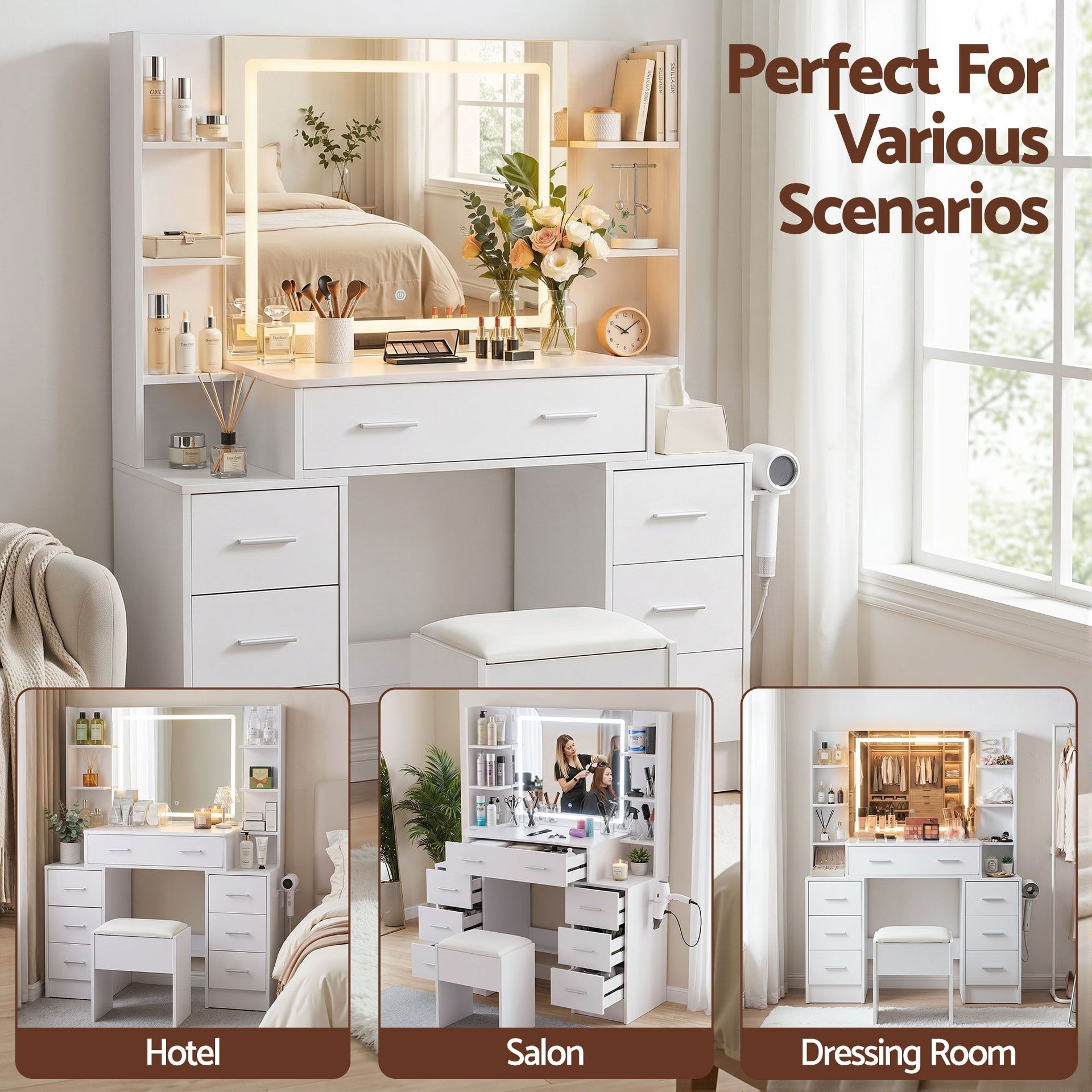Artiss Dressing Table Vanity Desk Set Stool LED Charging Station White Awezingly
