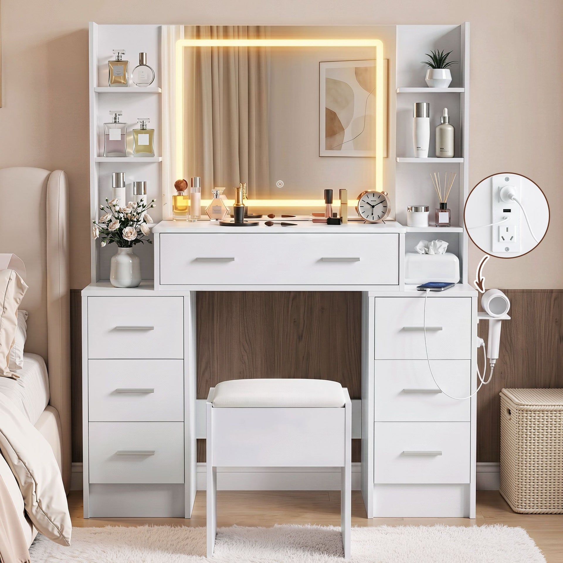 Artiss Dressing Table Vanity Desk Set Stool LED Charging Station White Awezingly