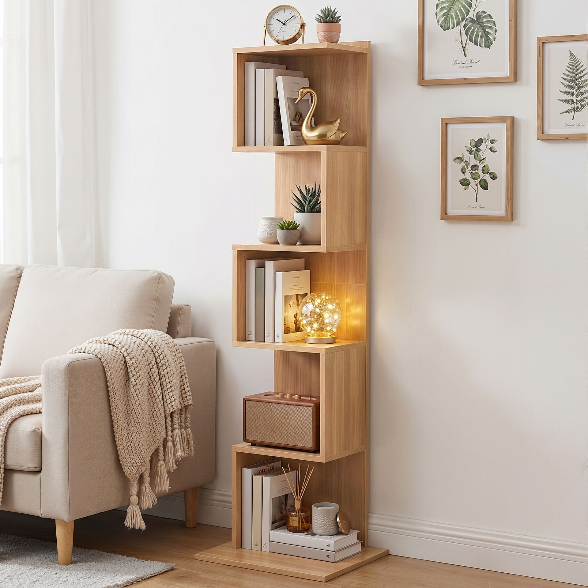 Artiss 5 Tiers Bookshelf S-shaped Bookcase Oak Awezingly