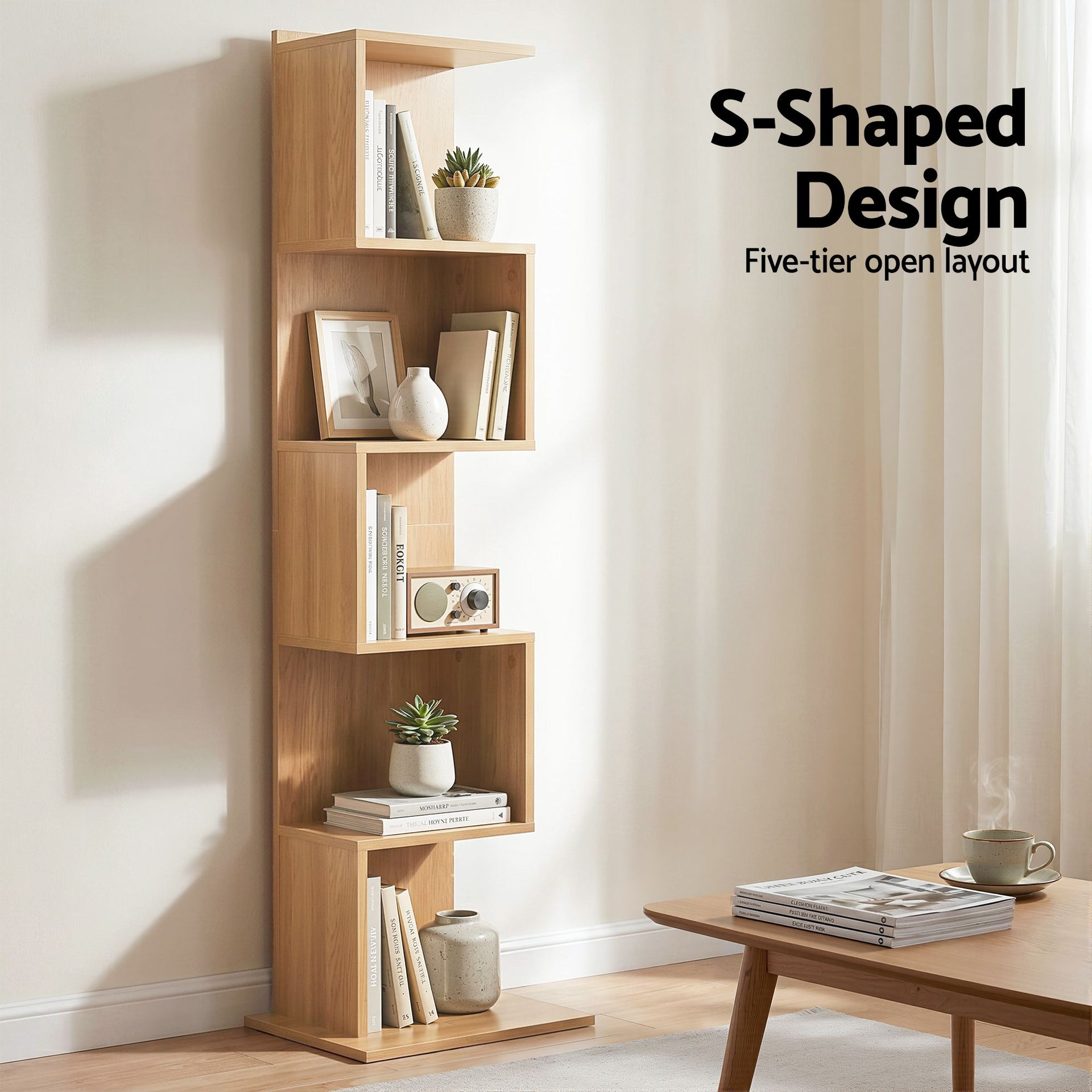 Artiss 5 Tiers Bookshelf S-shaped Bookcase Oak Awezingly