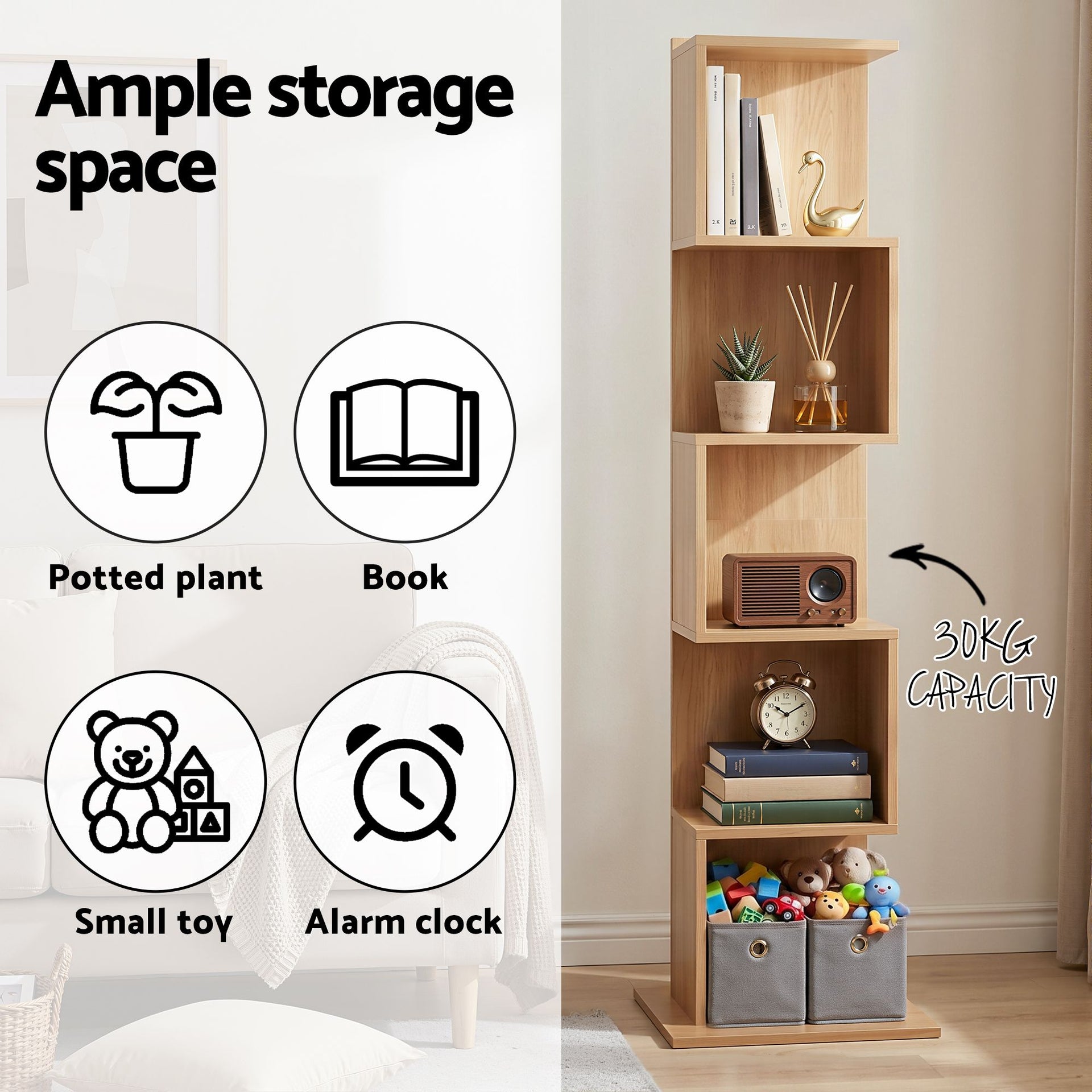 Artiss 5 Tiers Bookshelf S-shaped Bookcase Oak Awezingly