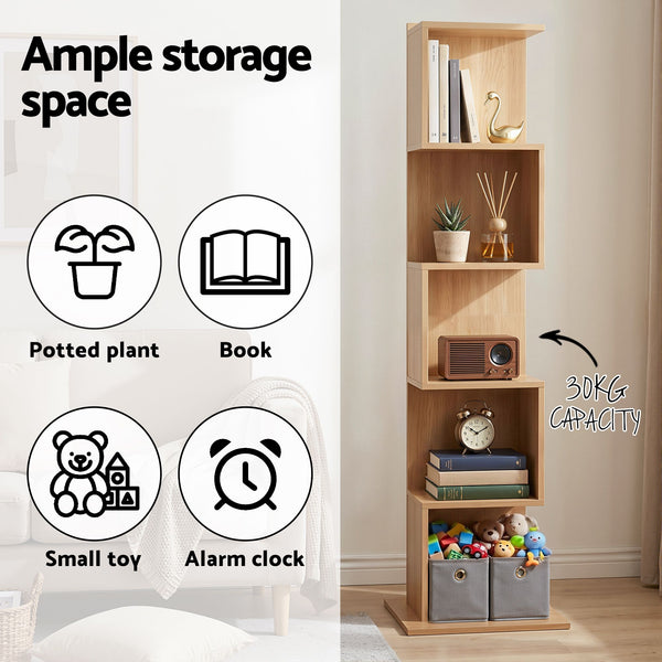 Artiss 5 Tiers Bookshelf S-shaped Bookcase Oak Awezingly