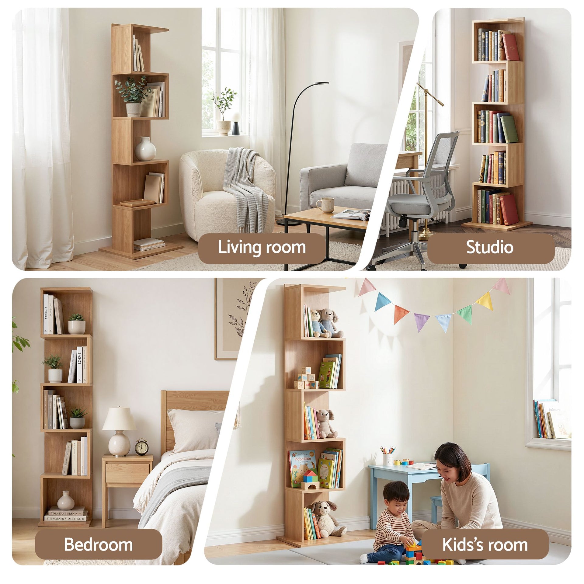 Artiss 5 Tiers Bookshelf S-shaped Bookcase Oak Awezingly
