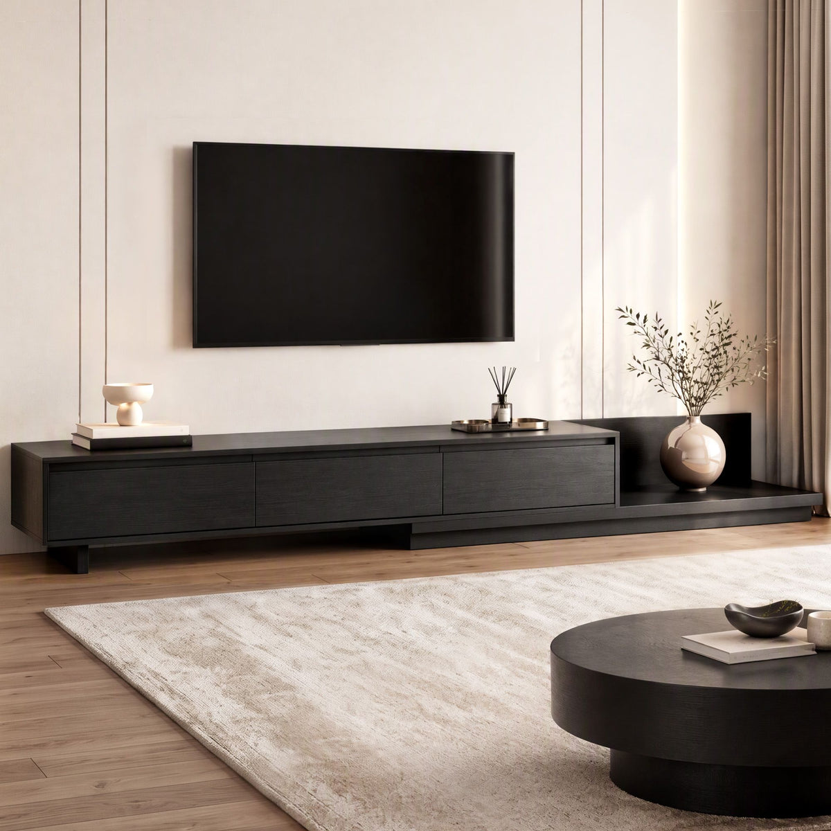 Artiss Extendable TV Unit 200CM 3 Storage Drawers Dark Walnut & Black Awezingly