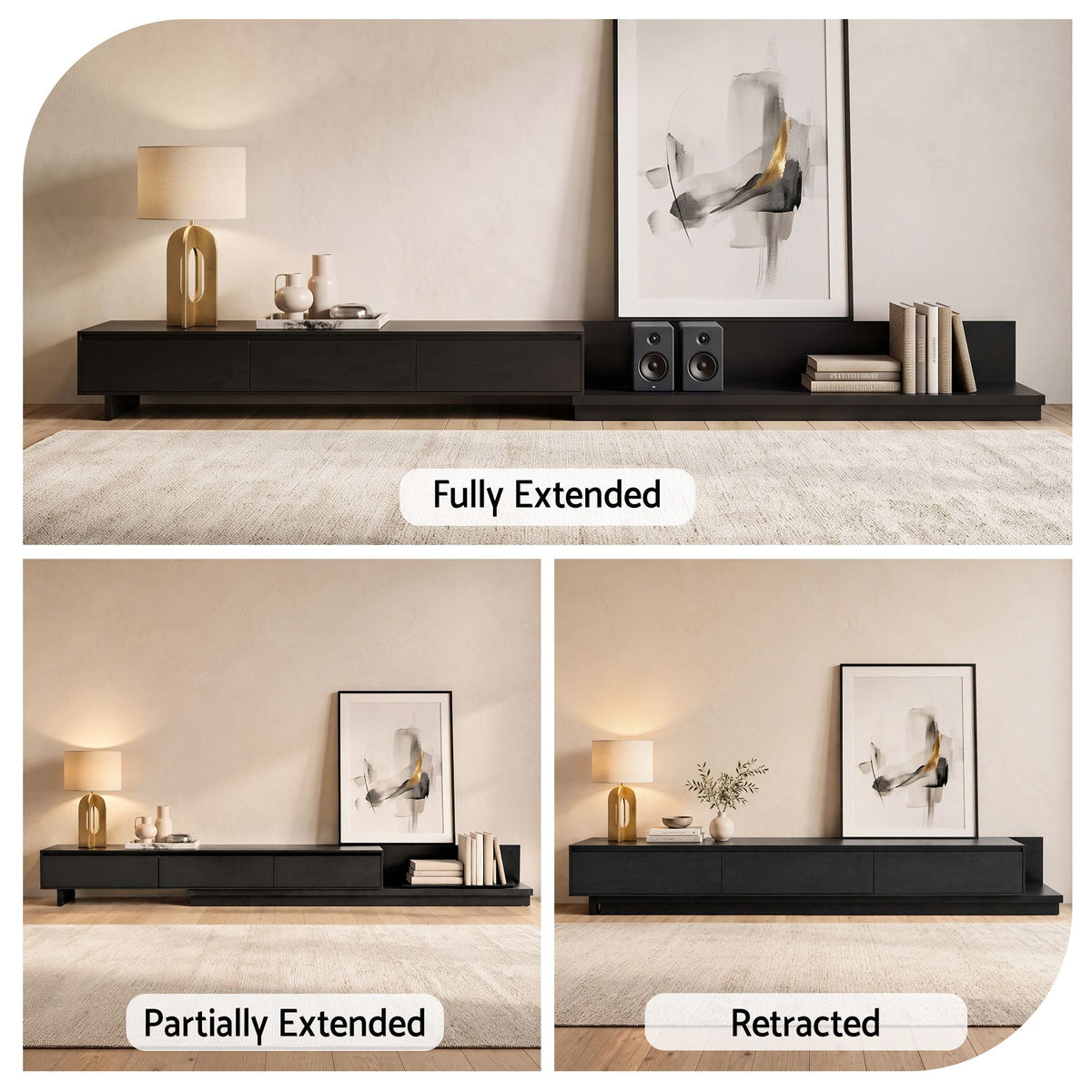 Artiss Extendable TV Unit 200CM 3 Storage Drawers Dark Walnut & Black Awezingly