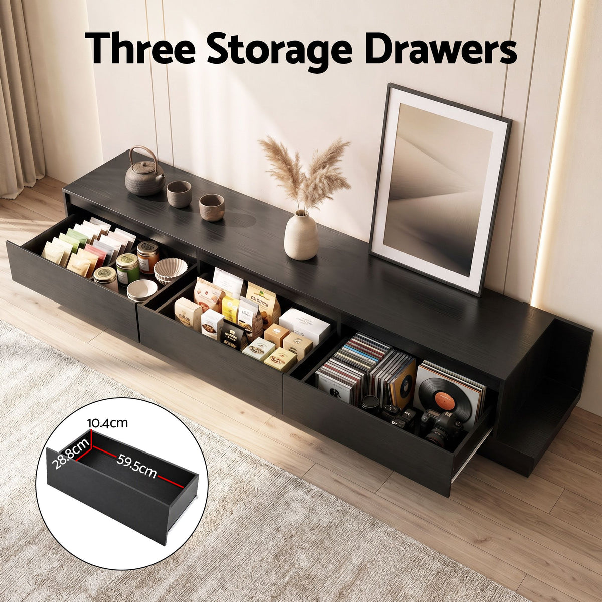 Artiss Extendable TV Unit 200CM 3 Storage Drawers Dark Walnut & Black Awezingly