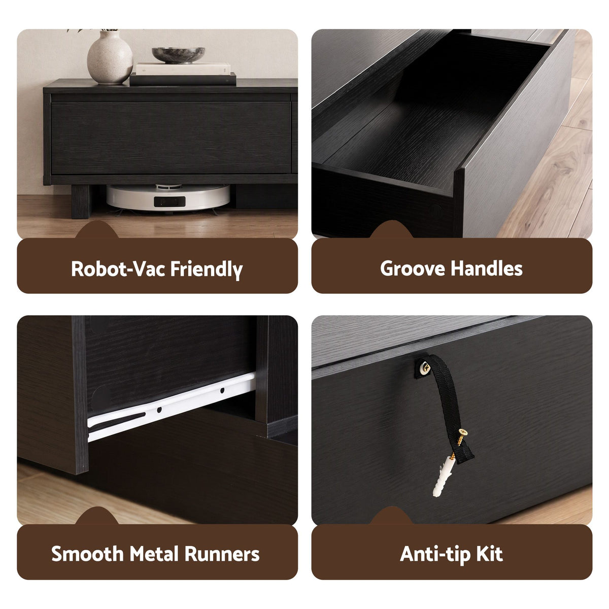 Artiss Extendable TV Unit 200CM 3 Storage Drawers Dark Walnut & Black Awezingly
