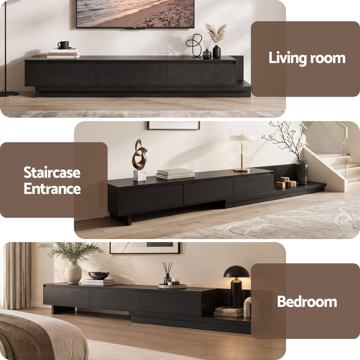 Artiss Extendable TV Unit 200CM 3 Storage Drawers Dark Walnut & Black Awezingly