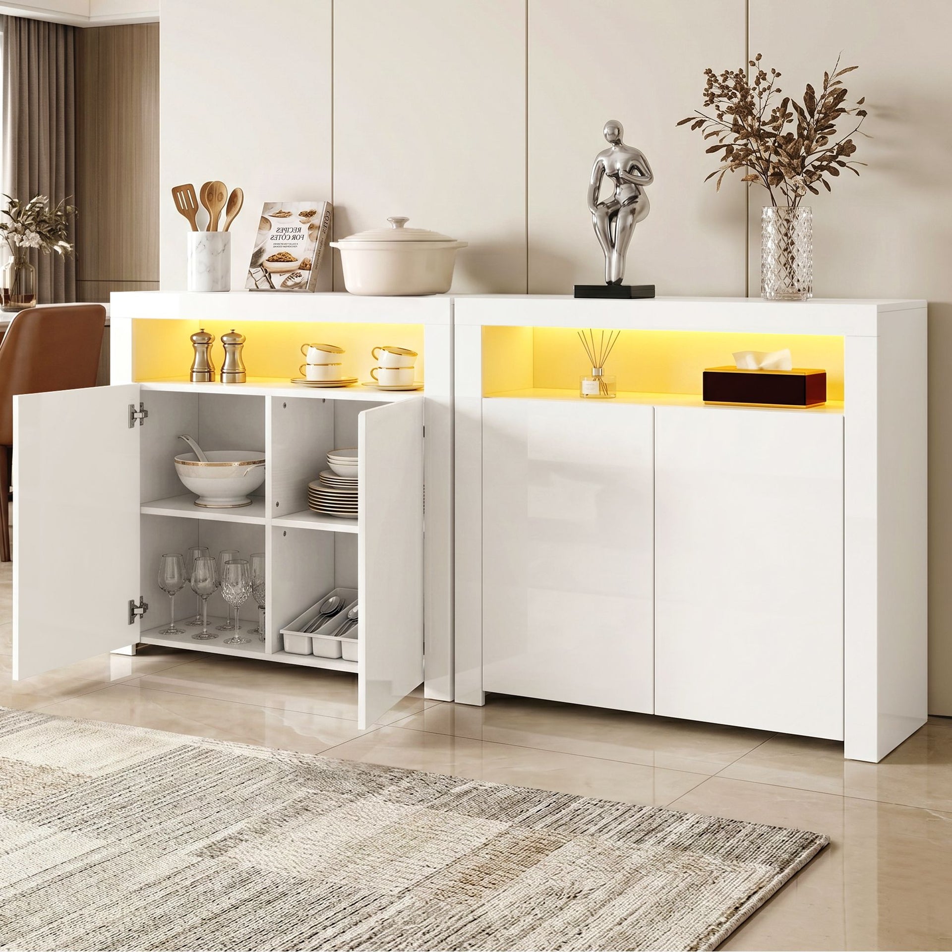 Artiss 2x Buffet Sideboard Cabinet LED Cupboard High-Gloss Storage Pantry ARNO Awezingly