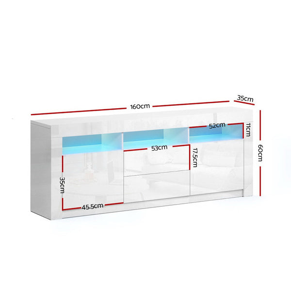 Artiss TV Cabinet Entertainment Unit Stand RGB LED Gloss Drawers 160cm White Artiss