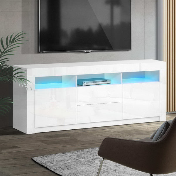 Artiss TV Cabinet Entertainment Unit Stand RGB LED Gloss Drawers 160cm White Artiss