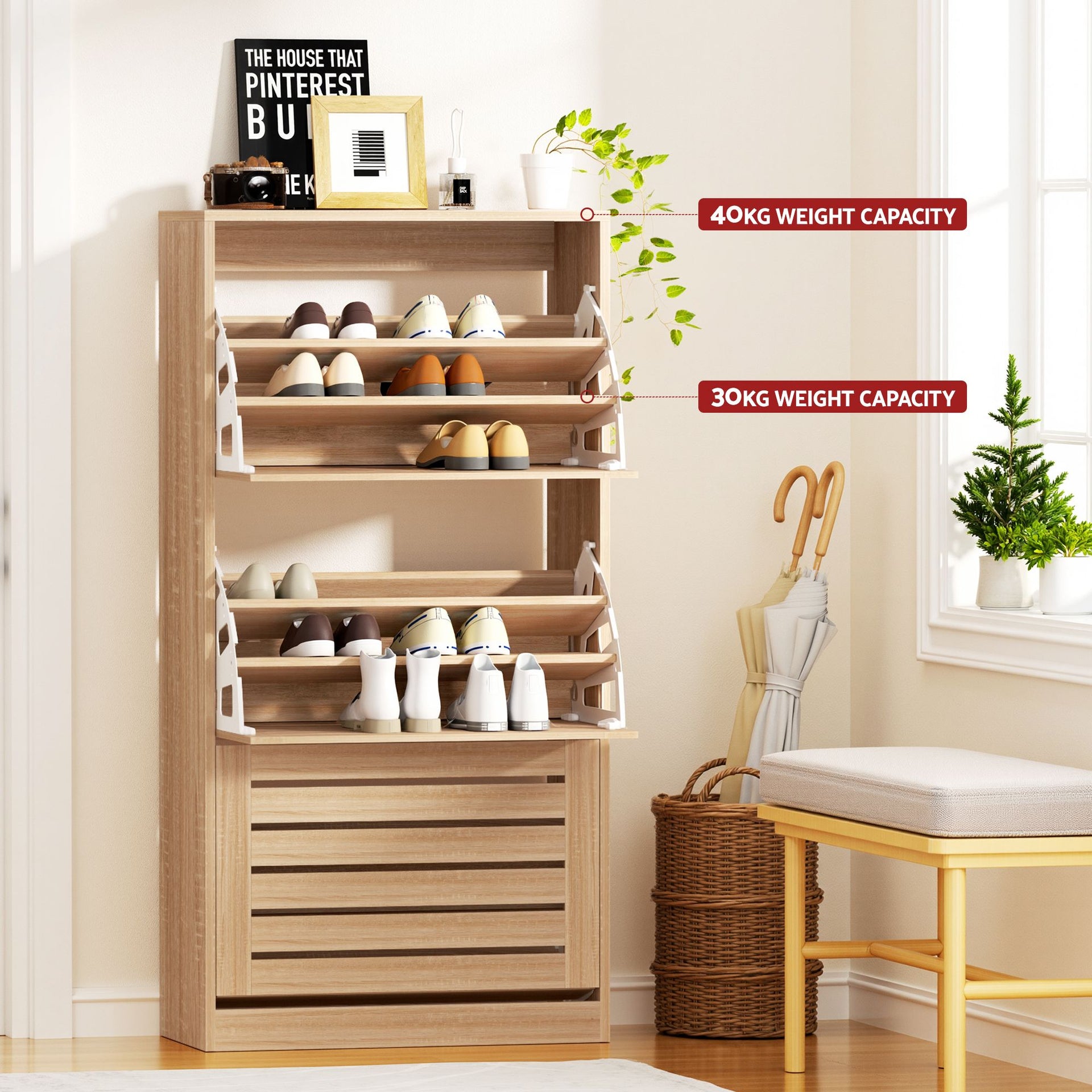 Artiss 2x Shoe Cabinet Storage Organiser 3 Flip Drawer Pine Awezingly
