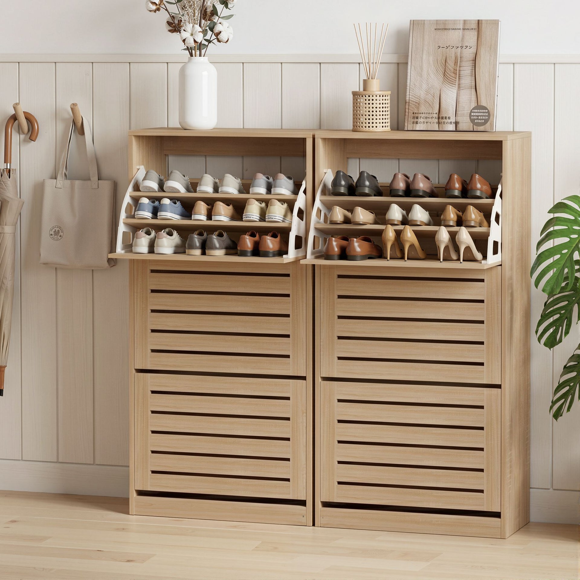 Artiss 2x Shoe Cabinet Storage Organiser 3 Flip Drawer Pine Awezingly