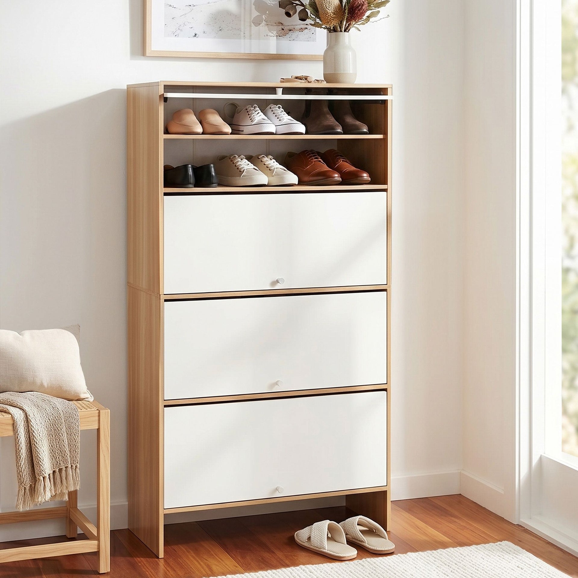 Artiss Narrow Shoe Cabinet Adjustable Shelves Flip-up Door White & Pine Awezingly