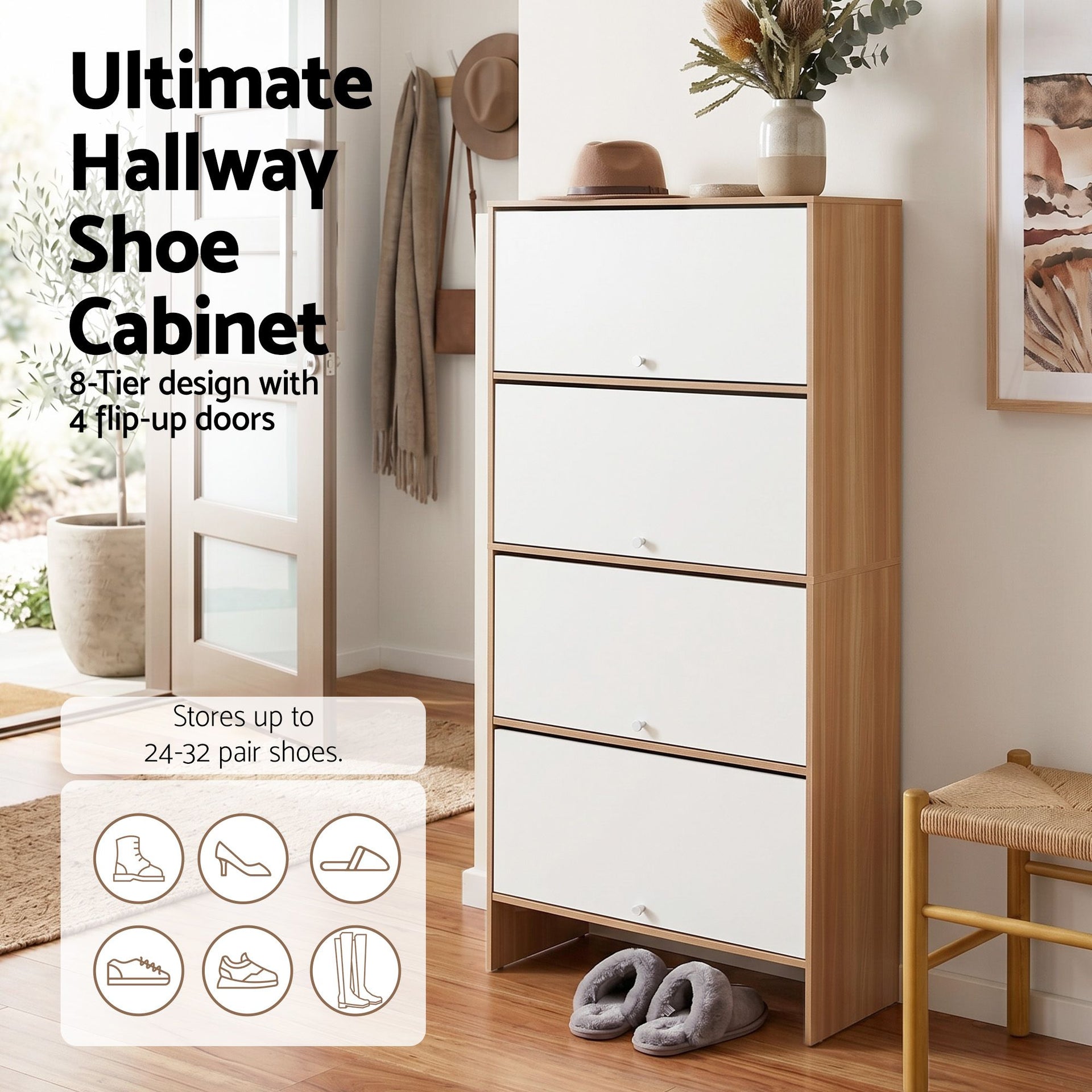 Artiss Narrow Shoe Cabinet Adjustable Shelves Flip-up Door White & Pine Awezingly