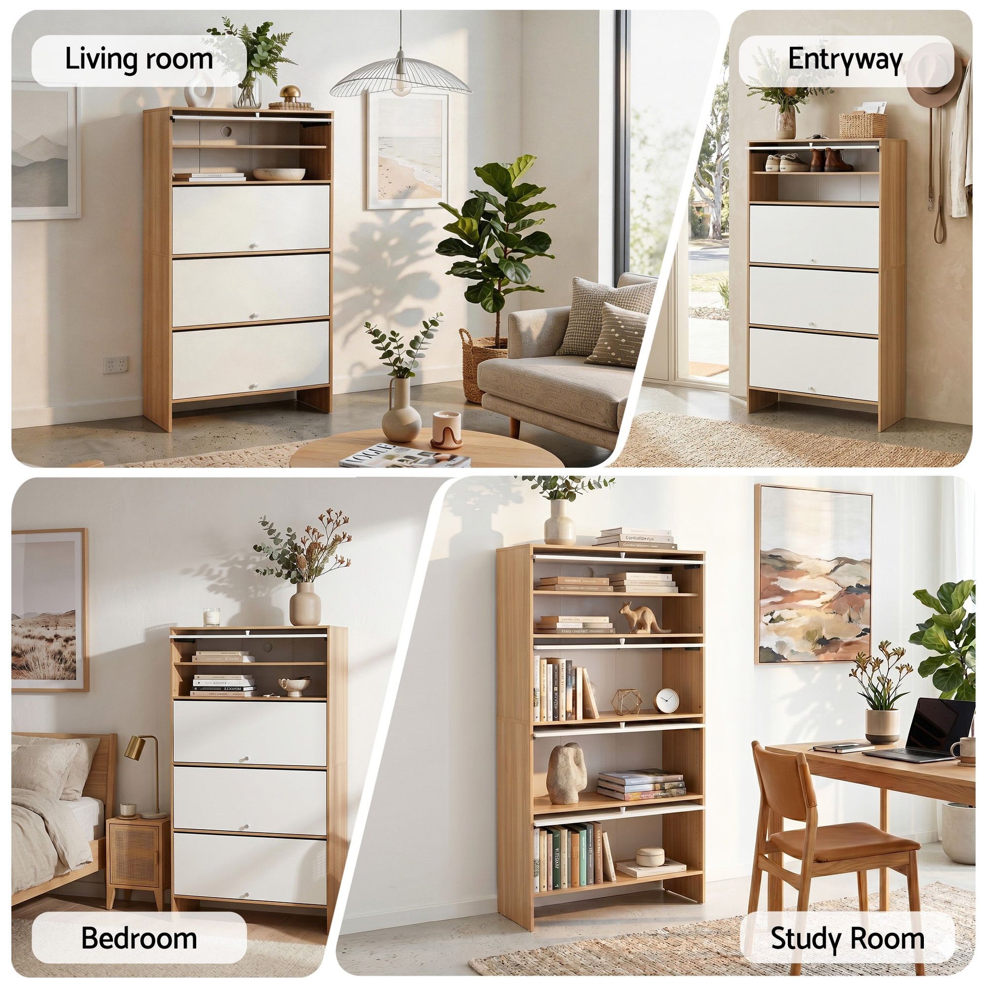 Artiss Narrow Shoe Cabinet Adjustable Shelves Flip-up Door White & Pine Awezingly