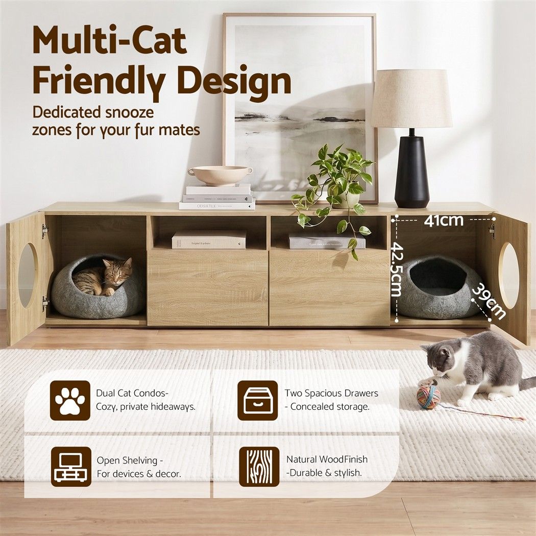 Artiss 185CM TV Unit with Cat House Storage Cabinet Pine Awezingly