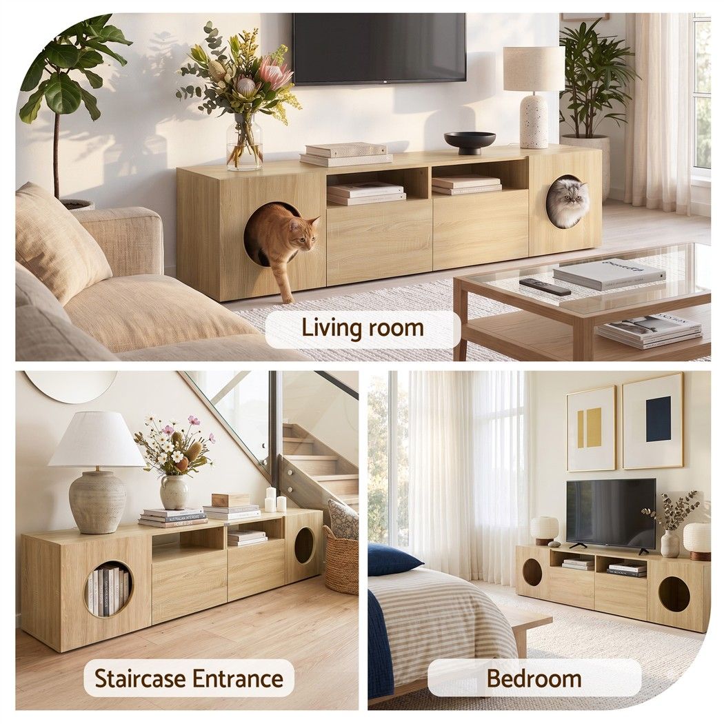 Artiss 185CM TV Unit with Cat House Storage Cabinet Pine Awezingly