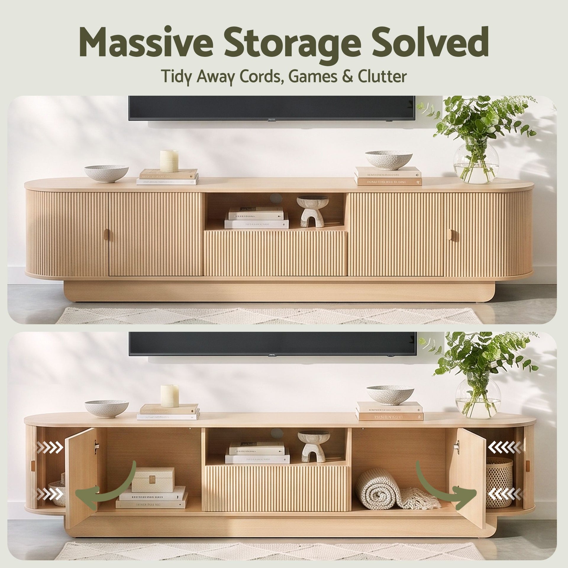Artiss 220cm TV Unit Rounded Edge Slide Side Cabinet Door Pine Awezingly