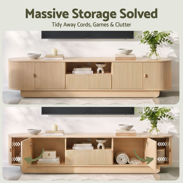 Artiss 220cm TV Unit Rounded Edge Slide Side Cabinet Door Pine Awezingly