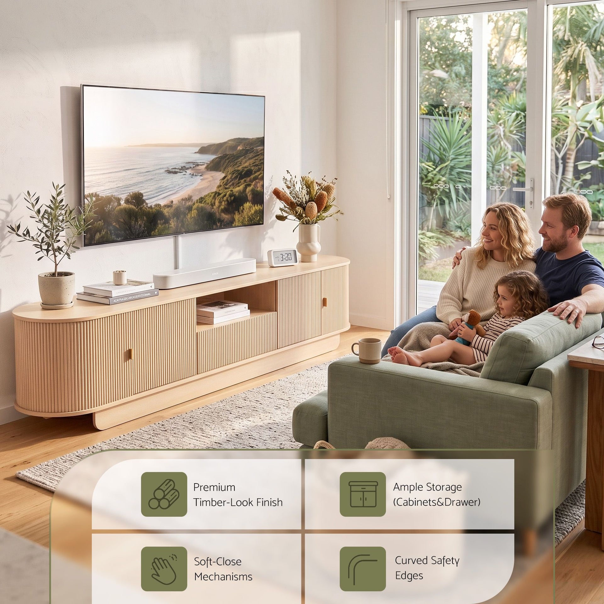 Artiss 220cm TV Unit Rounded Edge Slide Side Cabinet Door Pine Awezingly