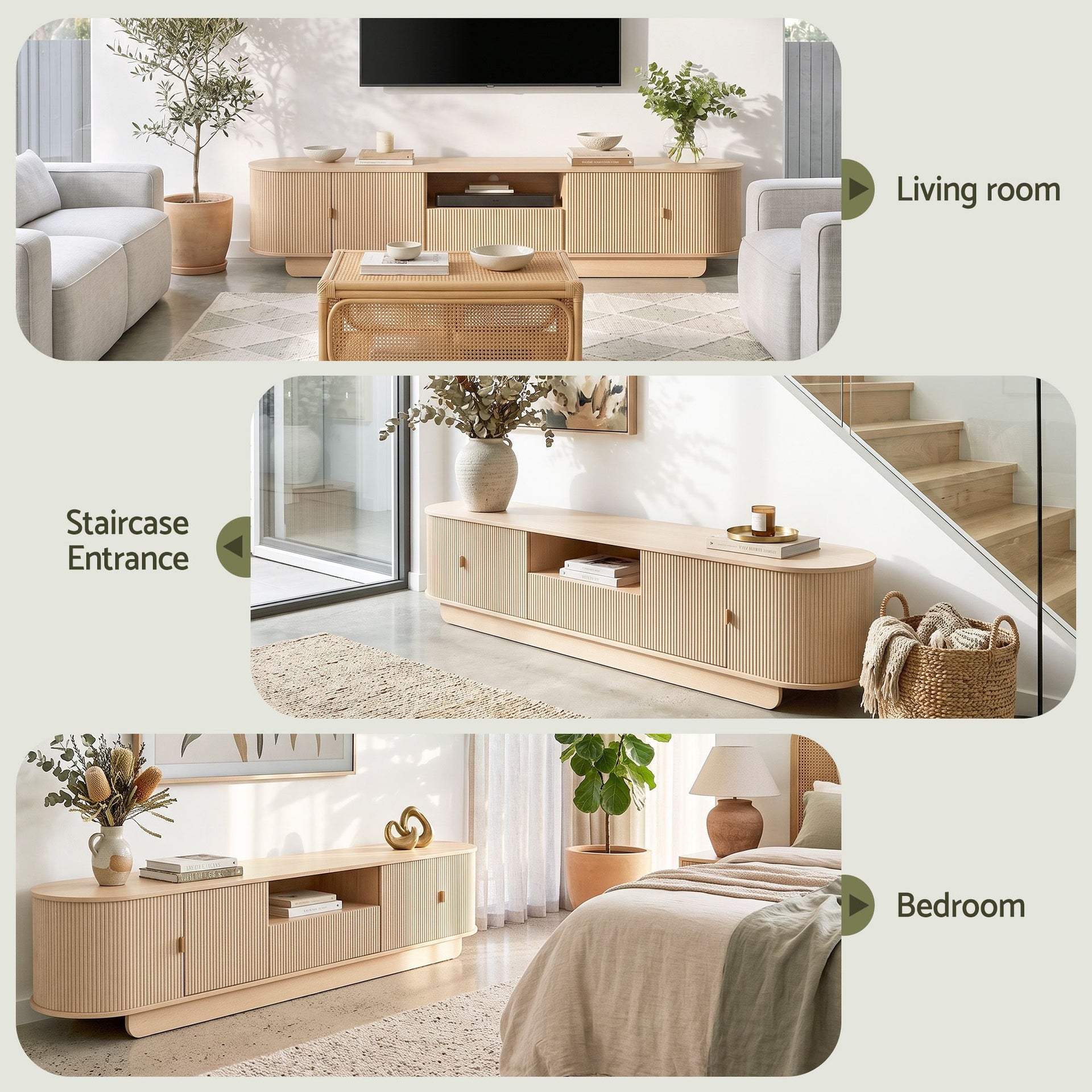 Artiss 220cm TV Unit Rounded Edge Slide Side Cabinet Door Pine Awezingly