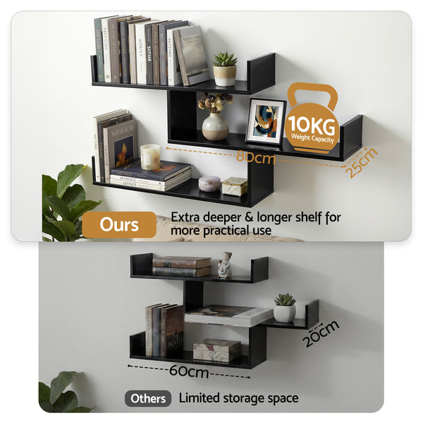 Artiss Floating Wall Shelf 3 Tier Black Awezingly