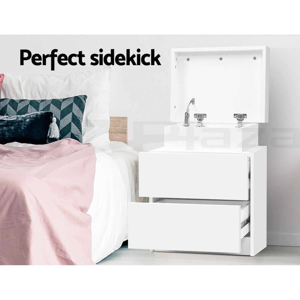 Artiss 2X Bedside Table 2 Drawers Lift-up Storage White Awezingly
