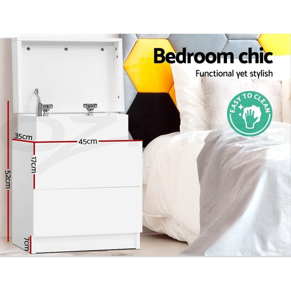 Artiss 2X Bedside Table 2 Drawers Lift-up Storage White Awezingly