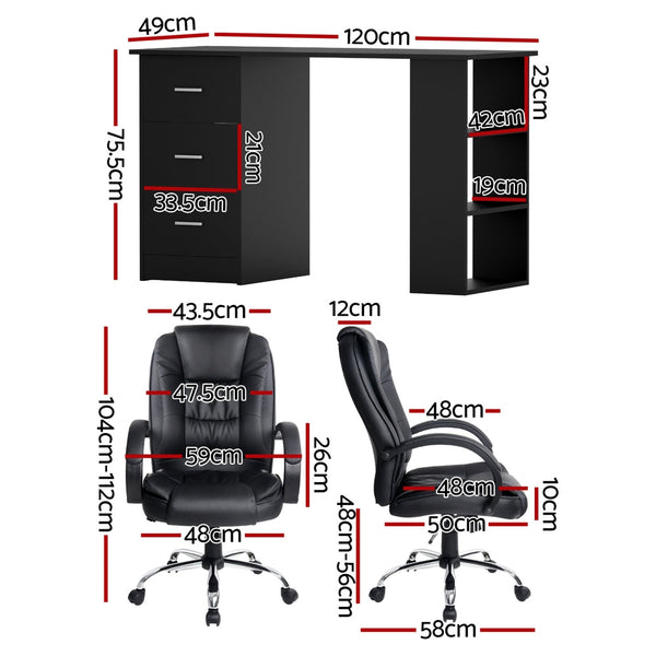 Artiss Computer Desk 120cm Executive Office Chair Set PU Leather High Back Black Artiss