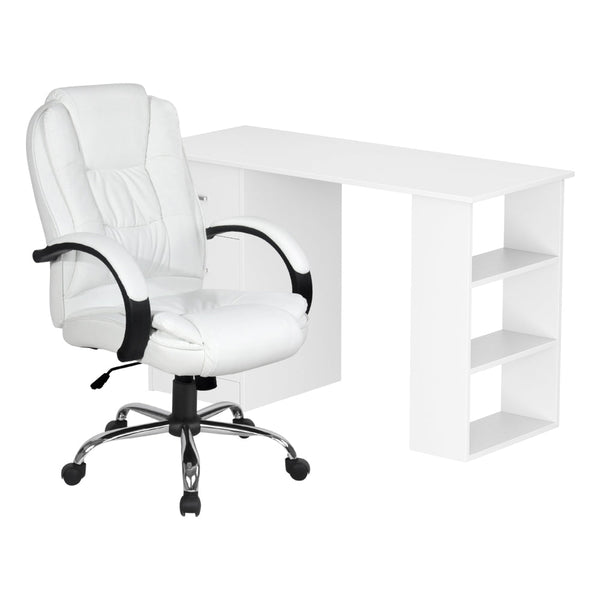 Artiss Computer Desk 120cm Executive Office Chair Set PU Leather High Back White Artiss