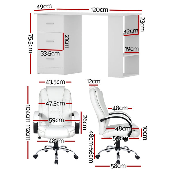 Artiss Computer Desk 120cm Executive Office Chair Set PU Leather High Back White Artiss