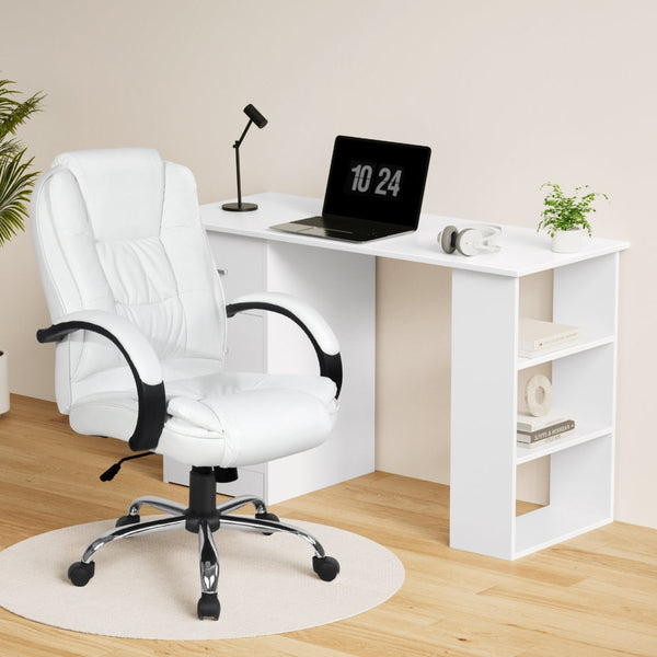 Artiss Computer Desk 120cm Executive Office Chair Set PU Leather High Back White Artiss