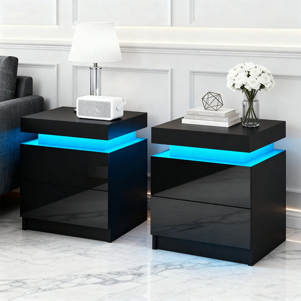 Artiss 2X Bedside Table LED 2 Drawers Lift-up Storage - COLEY Black Awezingly