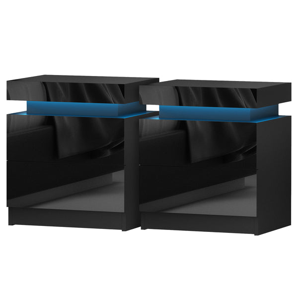 Artiss 2X Bedside Table LED 2 Drawers Lift-up Storage - COLEY Black Awezingly