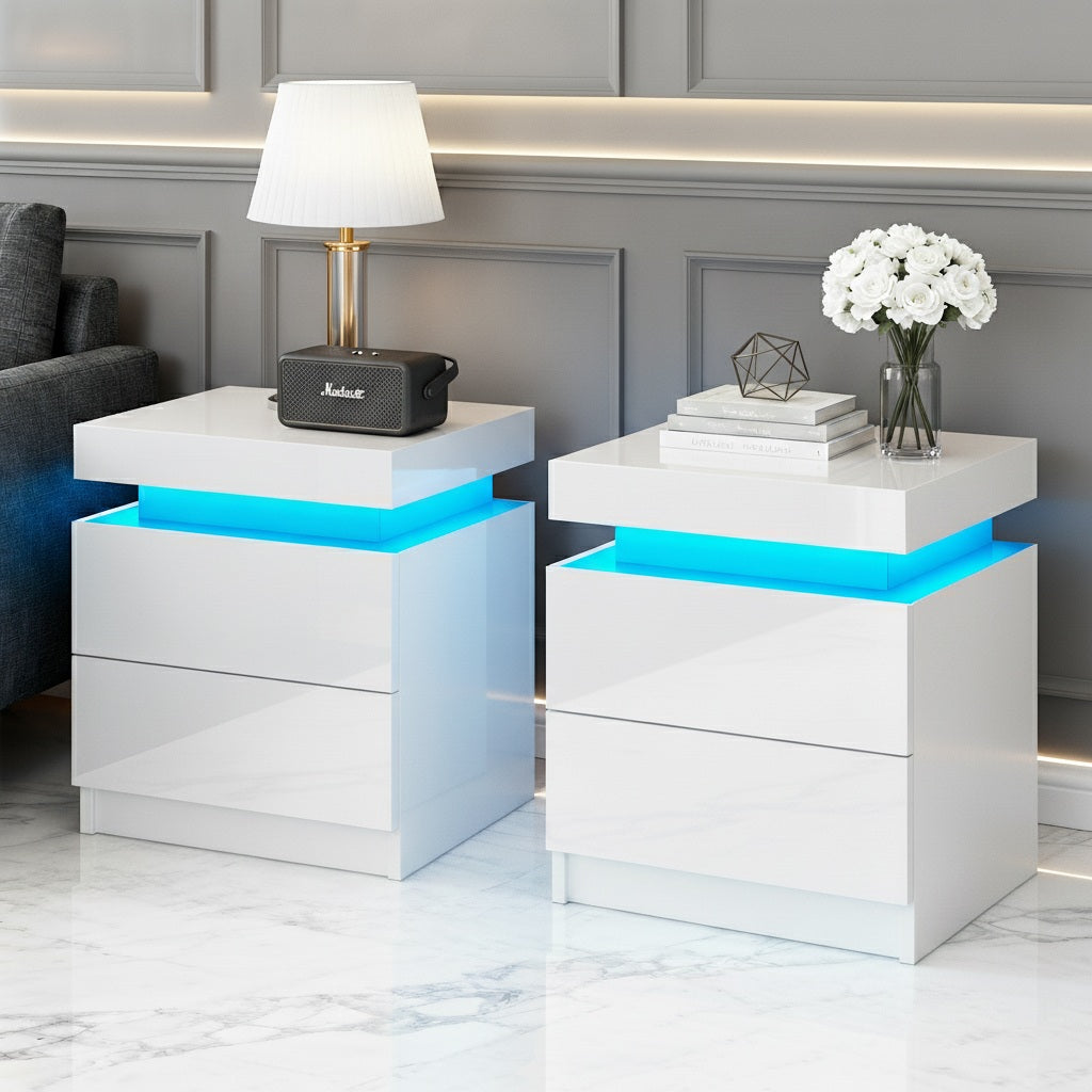 Artiss 2X Bedside Table LED 2 Drawers Lift-up Storage - COLEY White Awezingly