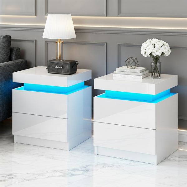 Artiss 2X Bedside Table LED 2 Drawers Lift-up Storage - COLEY White Awezingly