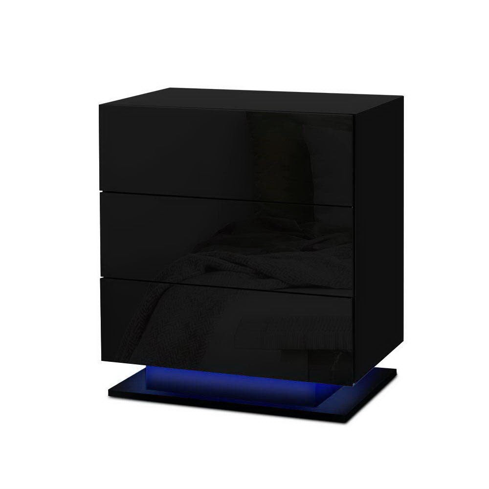 Artiss 2x Bedside Table LED 3 Drawers - MORI Black Awezingly