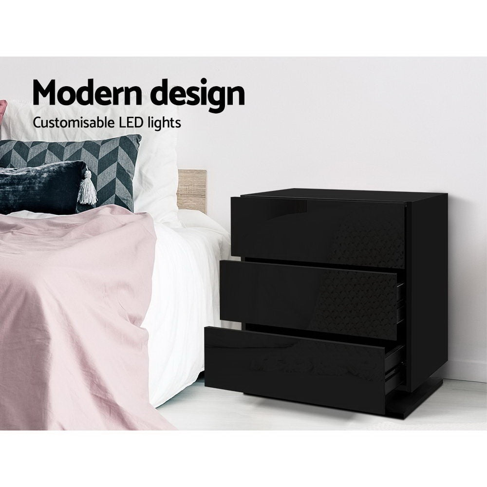 Artiss 2x Bedside Table LED 3 Drawers - MORI Black Awezingly