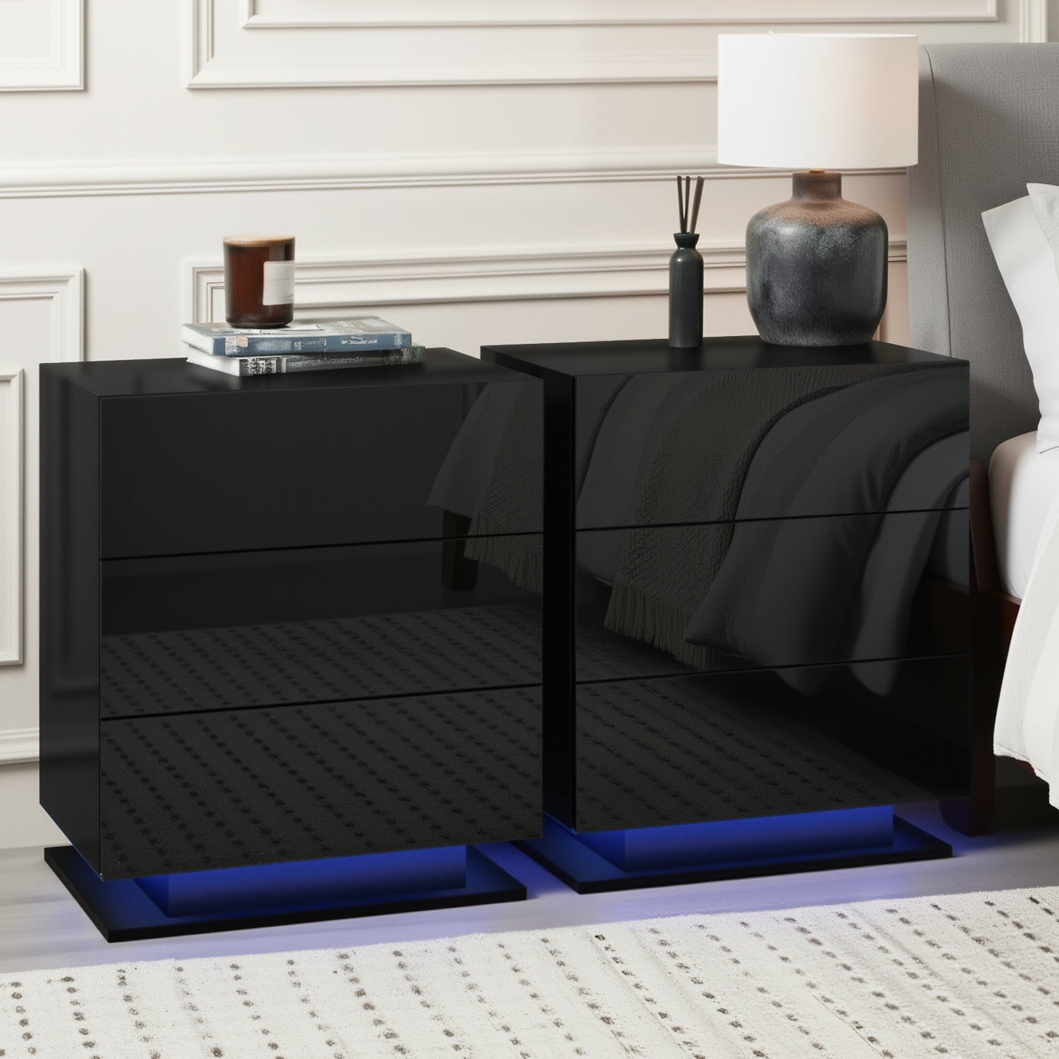 Artiss 2x Bedside Table LED 3 Drawers - MORI Black Awezingly