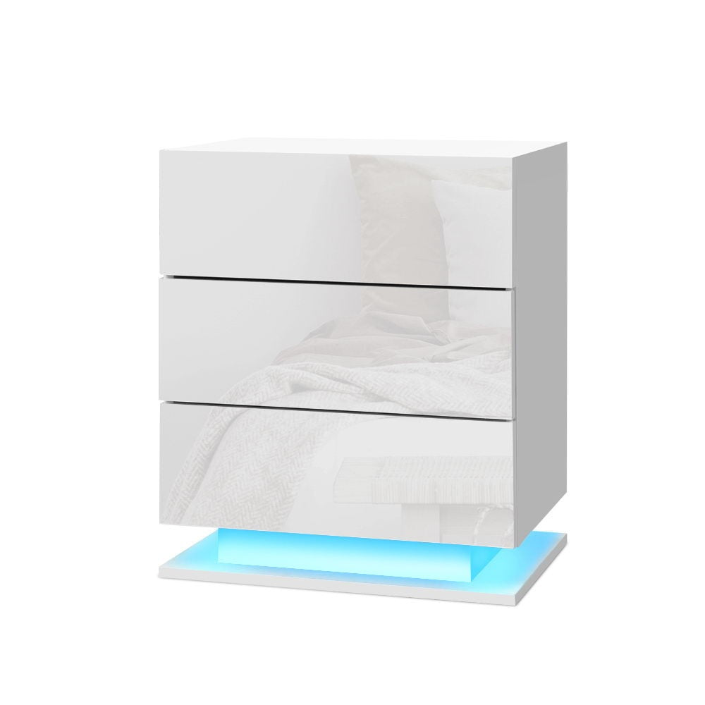 Artiss 2x Bedside Table LED 3 Drawers - MORI White Awezingly