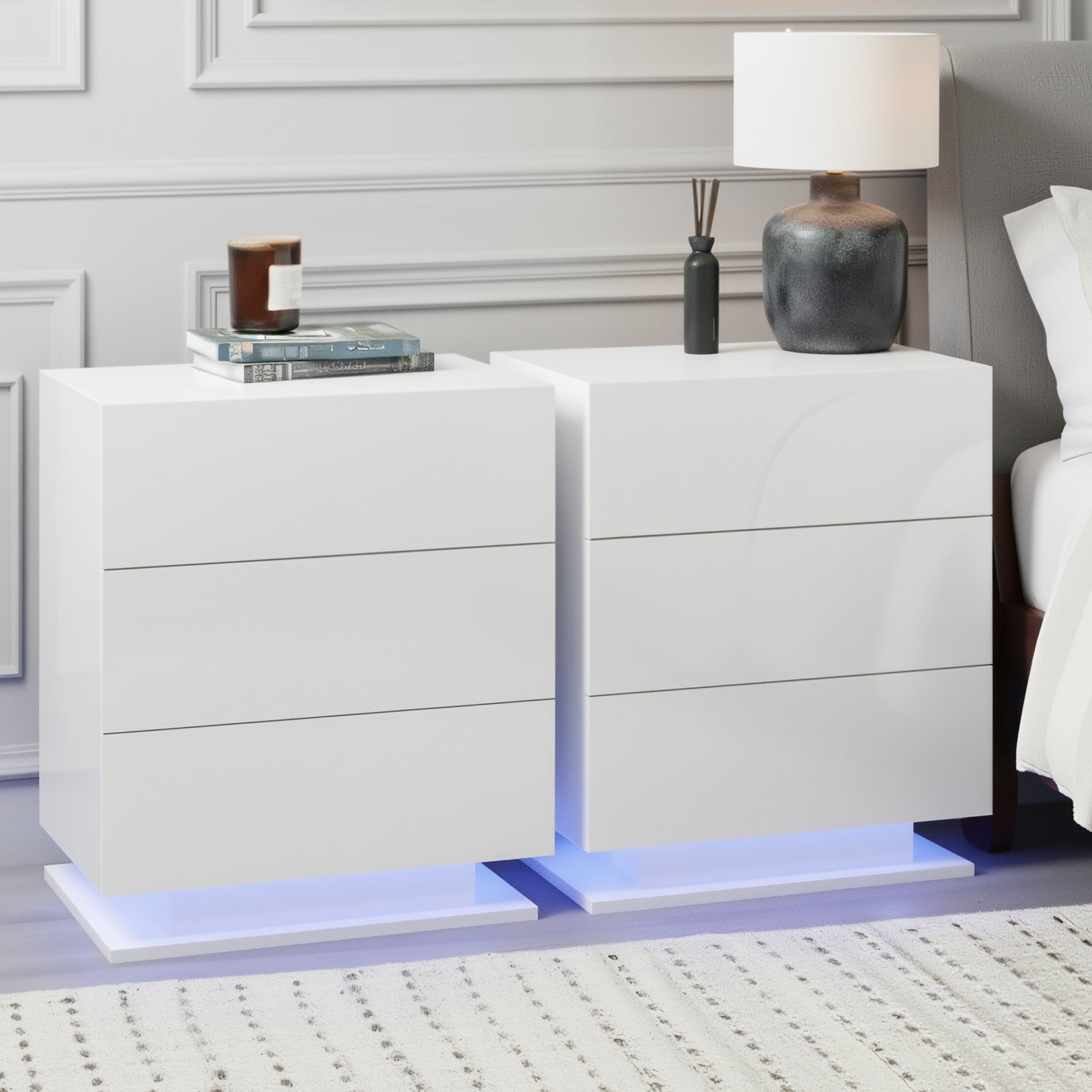 Artiss 2x Bedside Table LED 3 Drawers - MORI White Awezingly