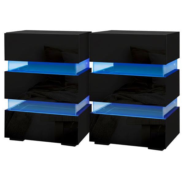 Artiss 2x Bedside Table LED 3 Drawers - LUMI Black Awezingly