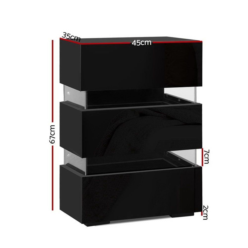 Artiss 2x Bedside Table LED 3 Drawers - LUMI Black Awezingly