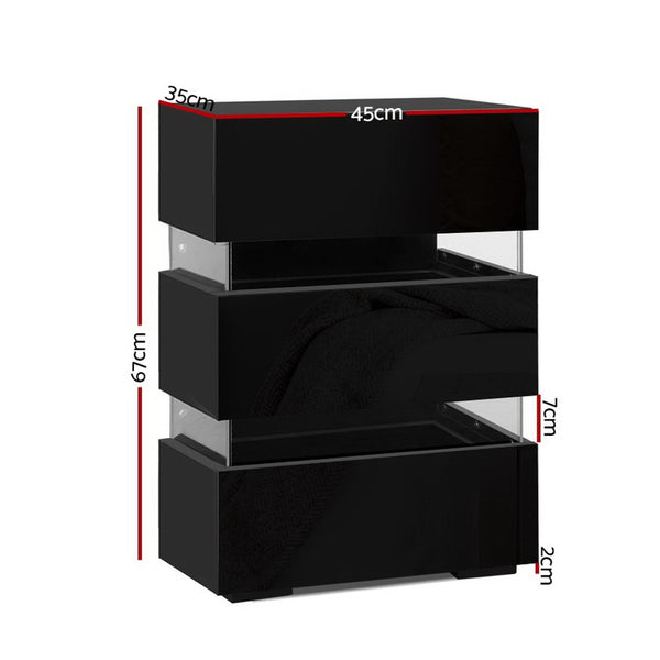 Artiss 2x Bedside Table LED 3 Drawers - LUMI Black Awezingly